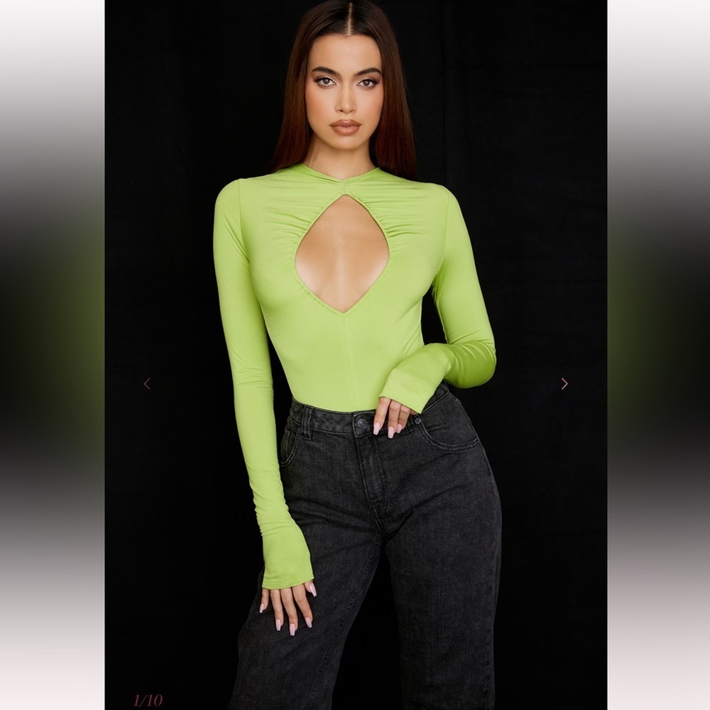 House of CB Estrelle Lime Green Cutout Long Sleeve Bodysuit Size L
